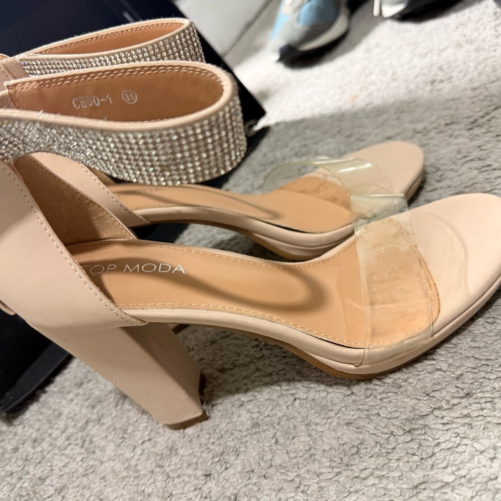 TOP Moda Women's Beige and Clear Block Heels